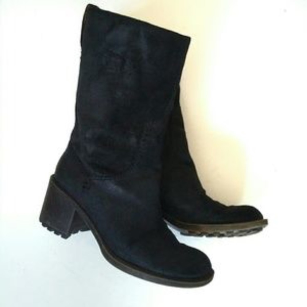 Black chunky heel biker girl leather boot size 8.5